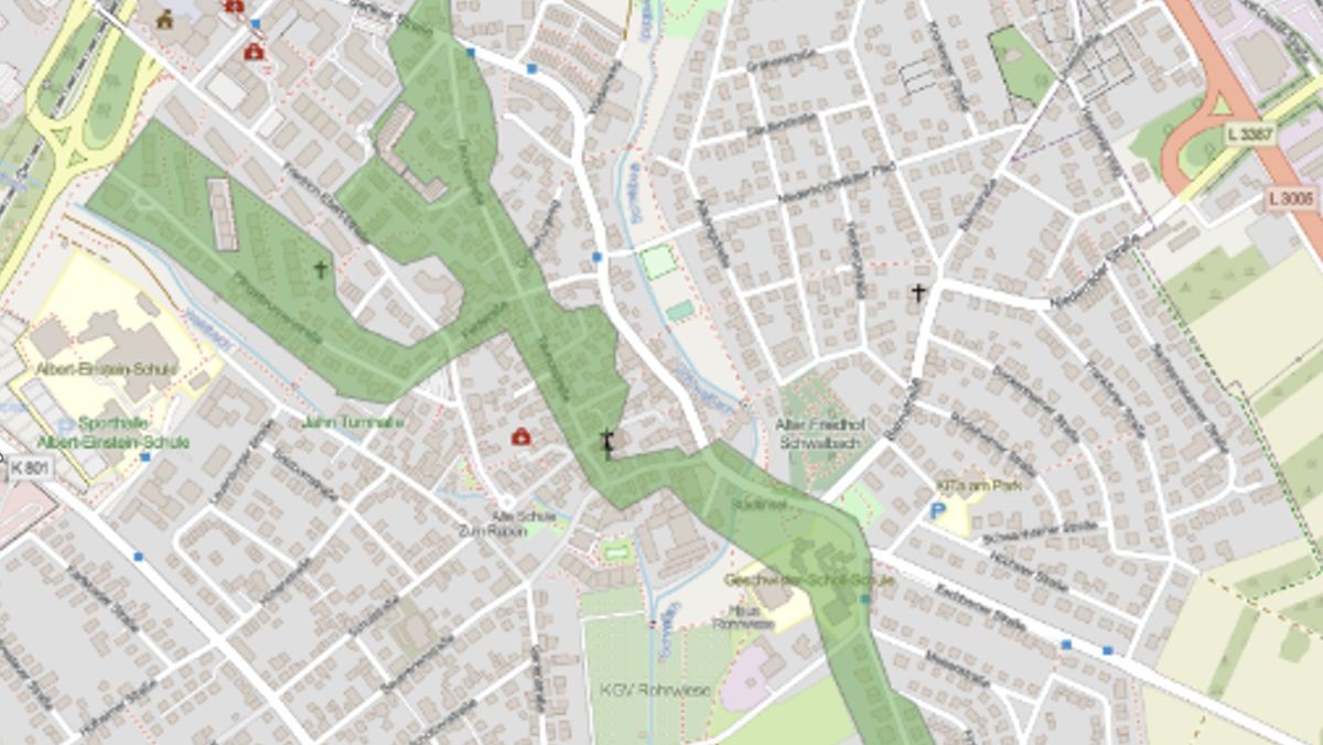 Eine Karte der Innenstadt von Schwalbach mit markierten Gebieten